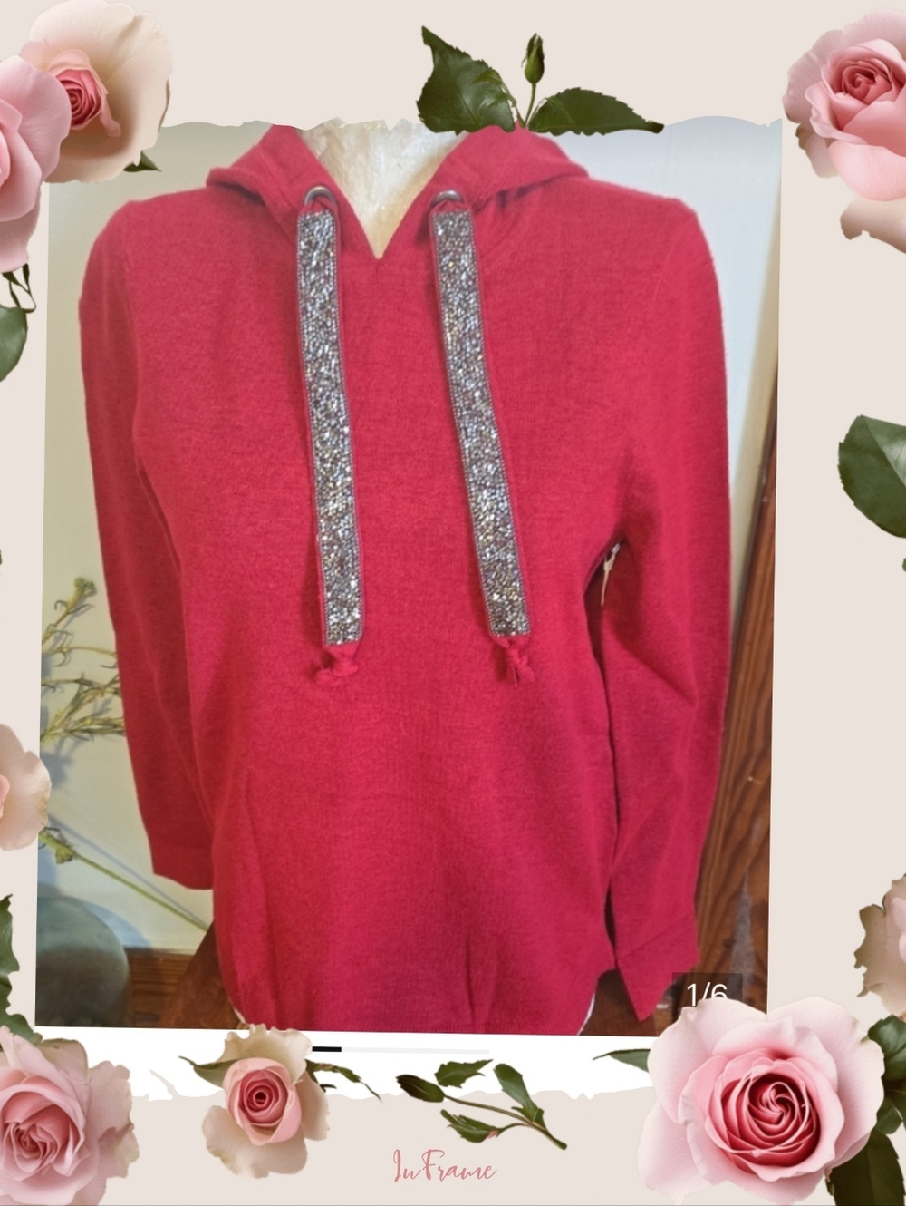 Nwt Chico's Red Hooded Sweater with Sparkle Drawstrings Size Xs